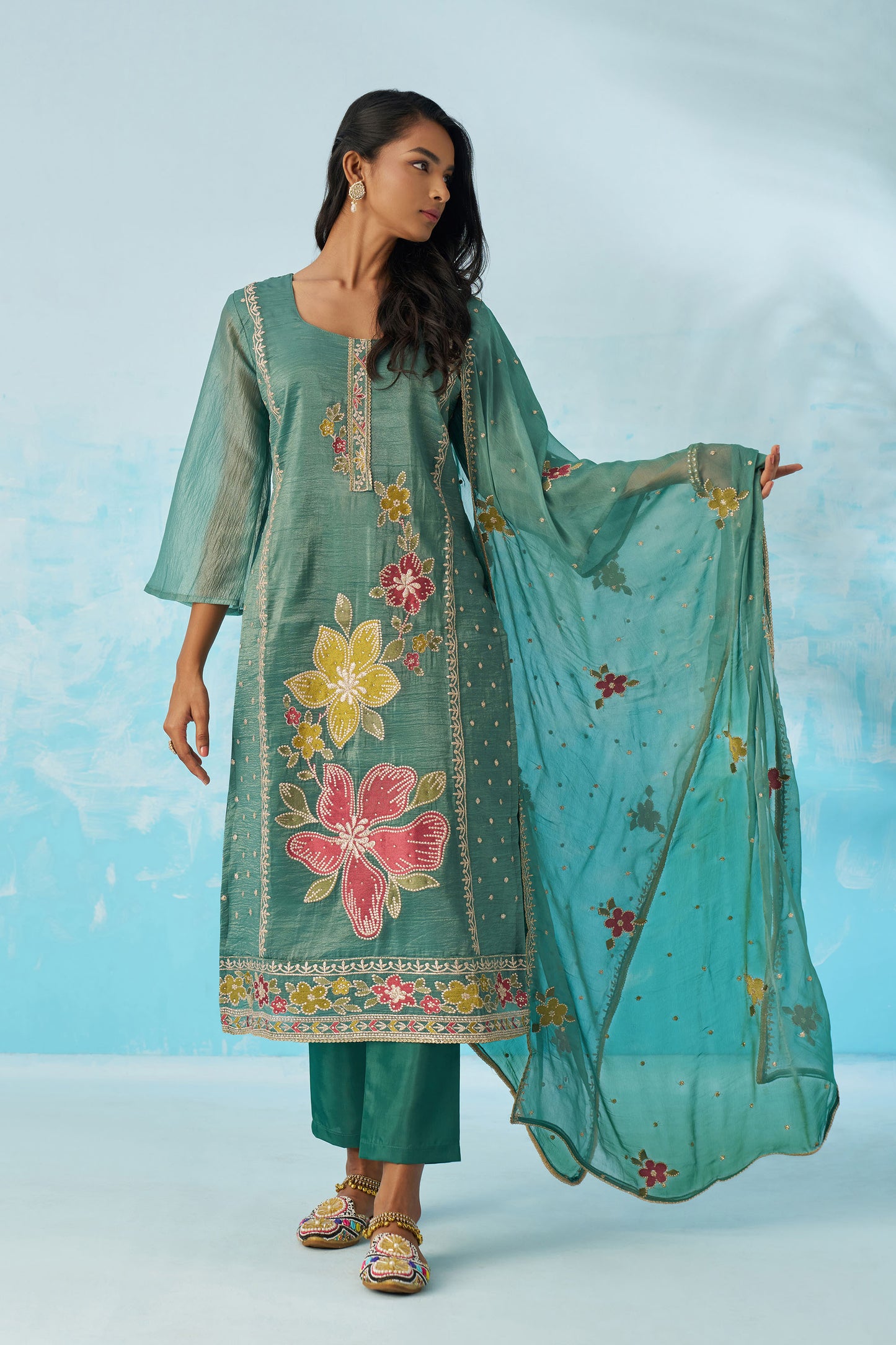 Sea Green Fancy Crush Thread Work Casual Kurta Set