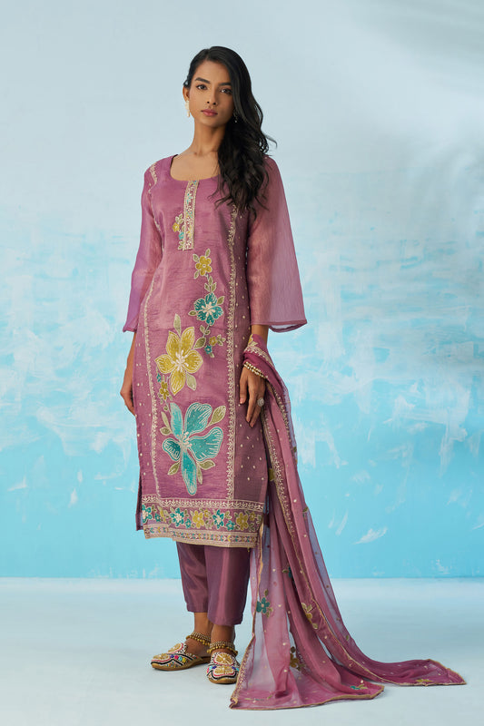 Mauve Fancy Crush Thread Work Casual Kurta Set