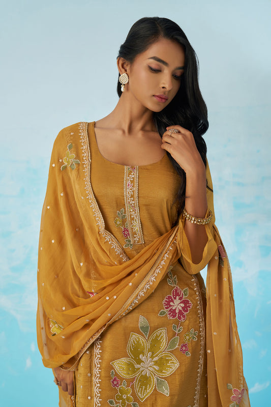 Mustard Yellow Fancy Crush Thread Work Casual Kurta Set