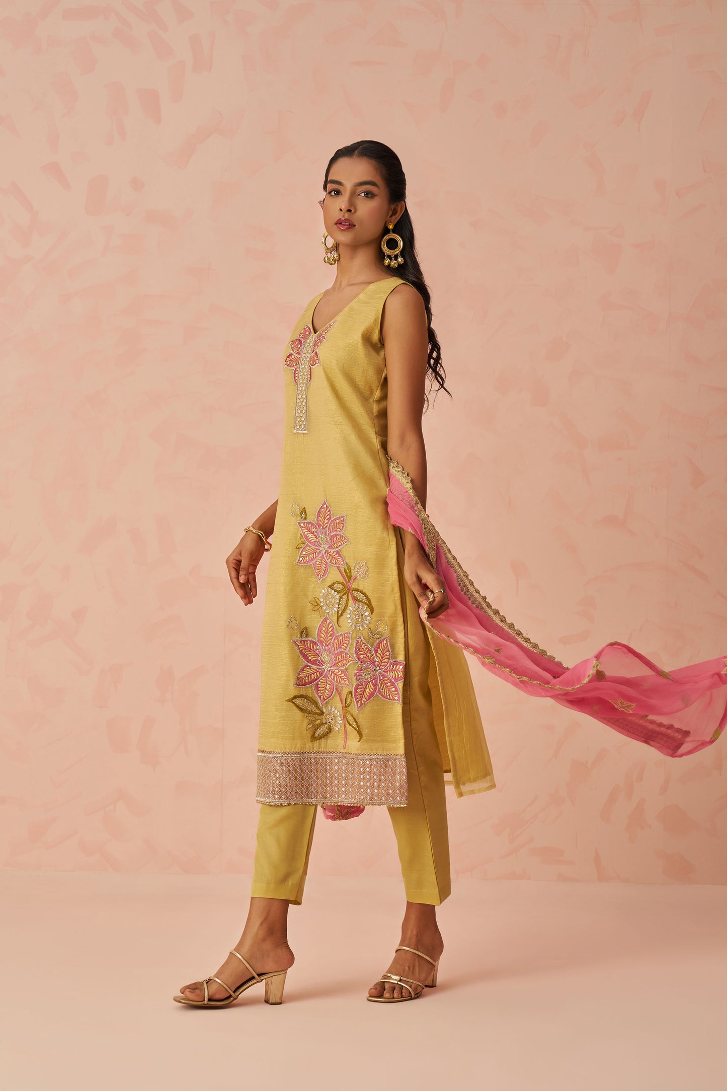 Yellow Georgette Floral Embroidered Haldi Kurta Set