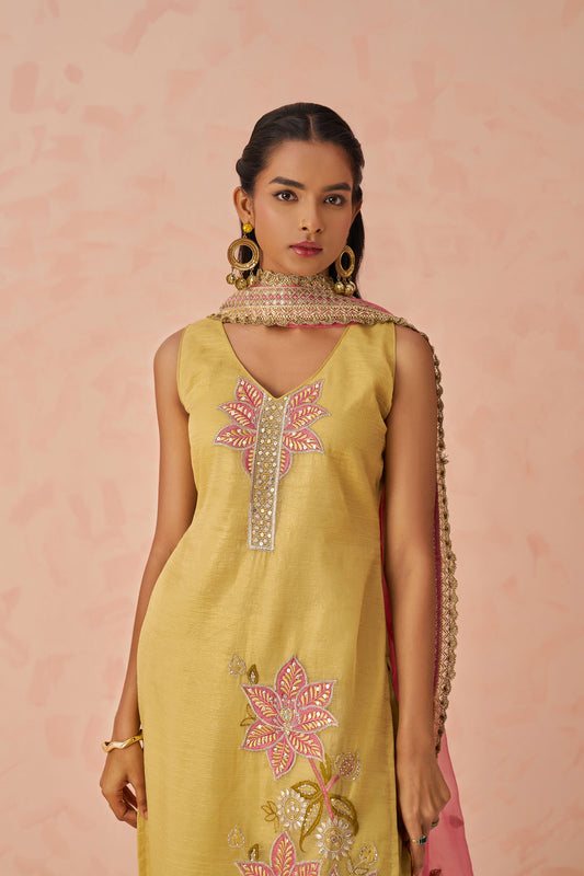 Yellow Georgette Floral Embroidered Haldi Kurta Set