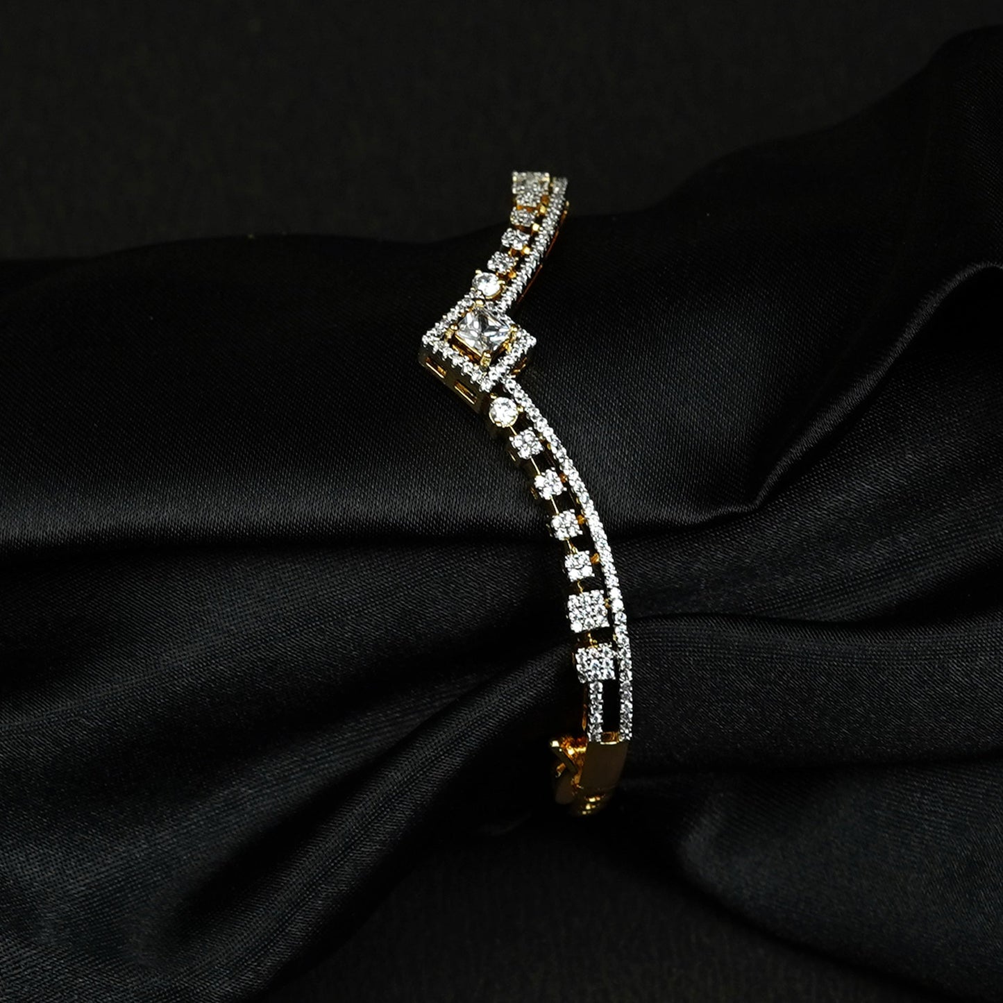 Zevar Club 22K Gold-Plated Handcrafted Zig-Zag Design AAA CZ Studded Square Motif Bracelet