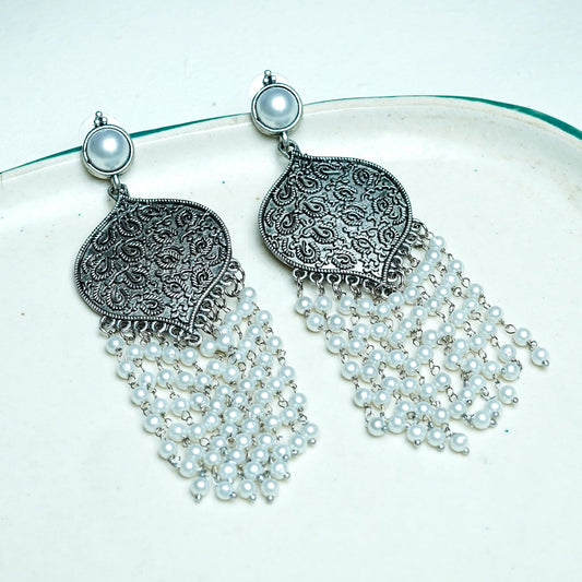 Zevar Club Oxidised Silver-Toned Statement Chandelier Earrings with Multilayer Pearl Beads