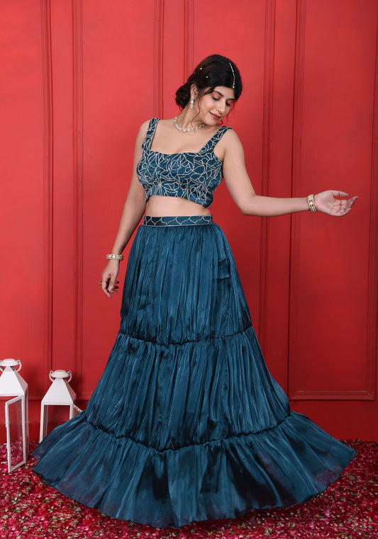 Heavy Hand Embroidered Blouse With Layered Skirt