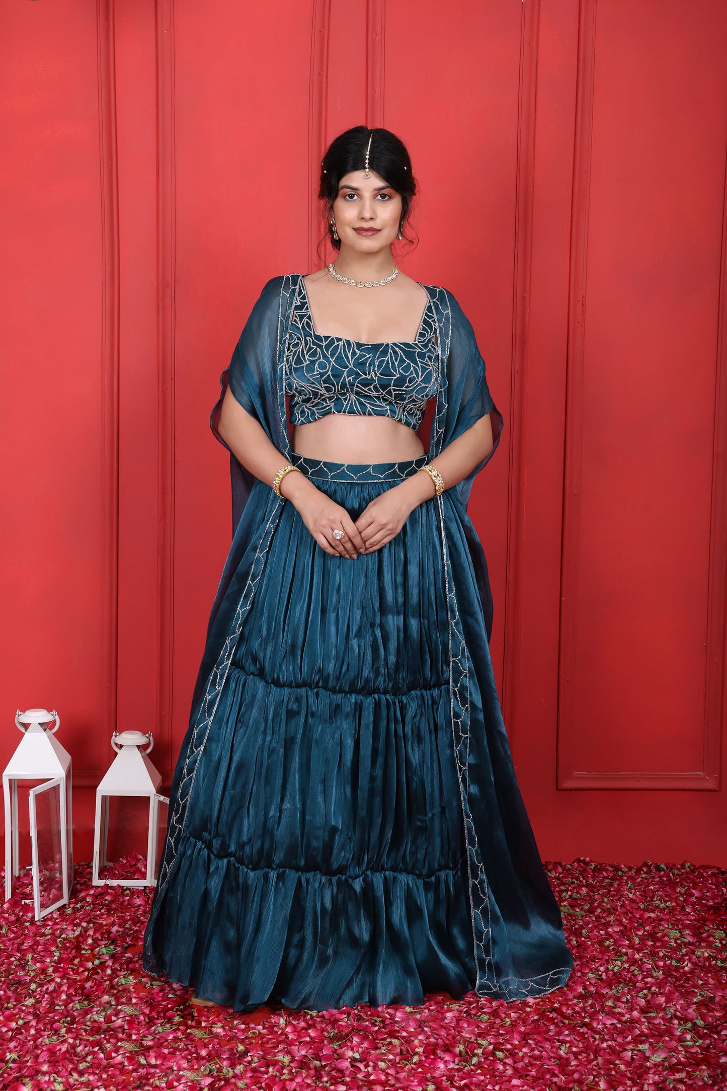 Heavy Hand Embroidered Blouse With Layered Skirt Jacket