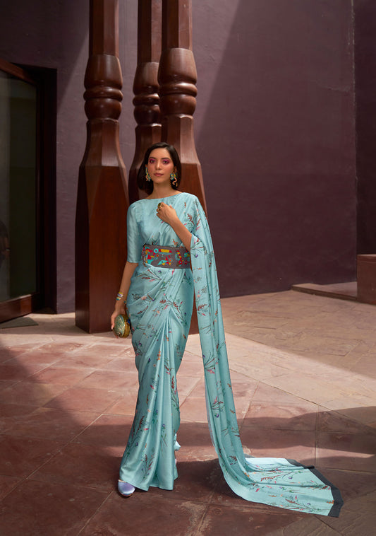 Teal Floral Print Kudos Digital Printed Satin Saree