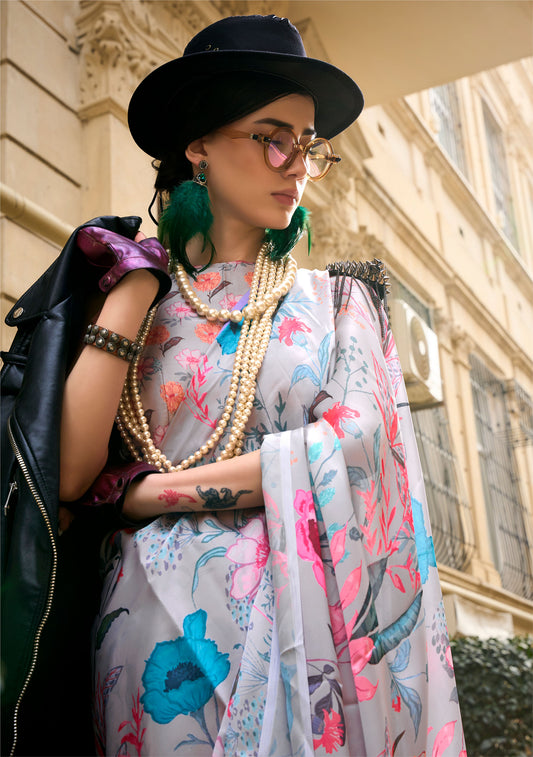 Grey Floral Kolombus Satin Georgette Printed Saree