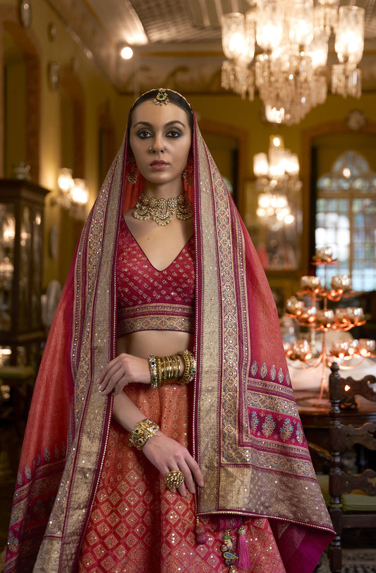 Dark Pink and Orange Mirror Work Bridal Lehenga