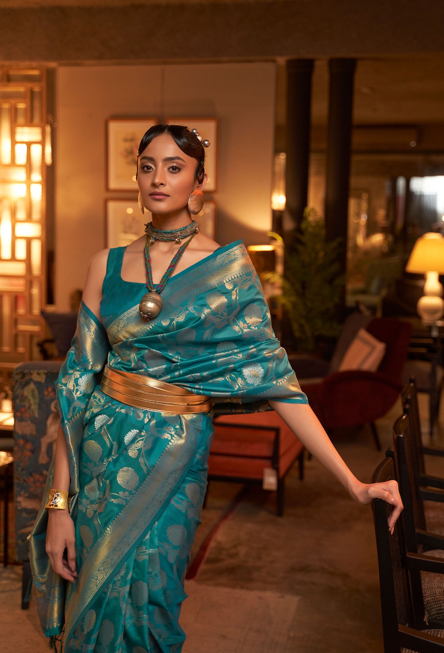 Teal Green Kairos Silk Handloom Saree