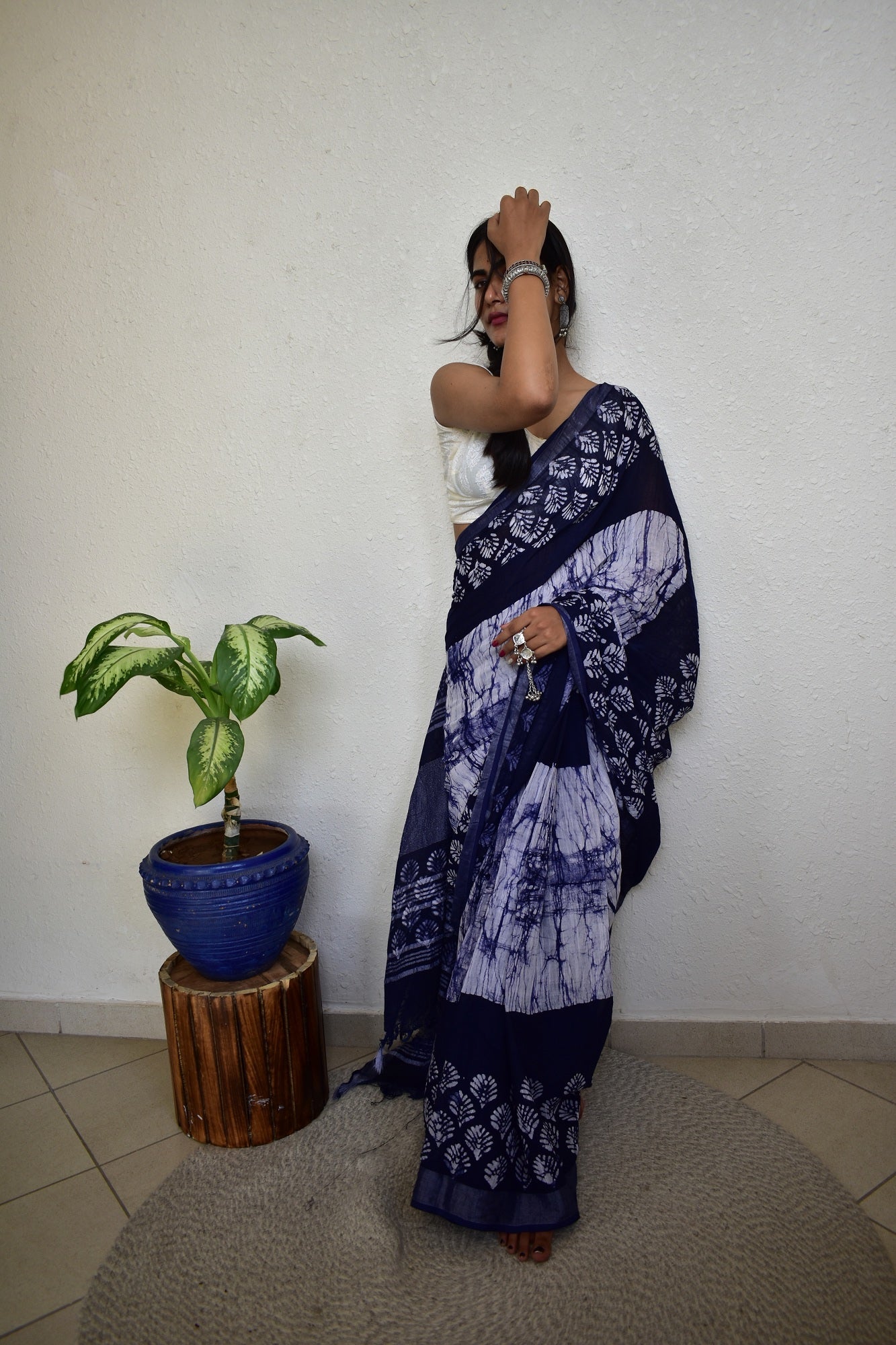 Indigofera Elegance - Blue Handblock Print Natural Dyed - Linen Cotton Saree