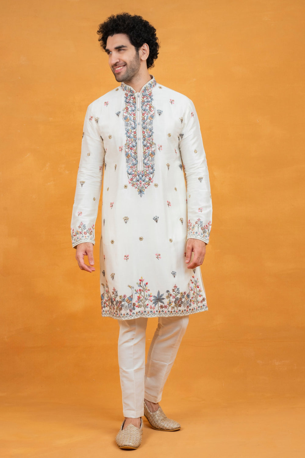 White silk open koti set with multicolour floral thread embroidery