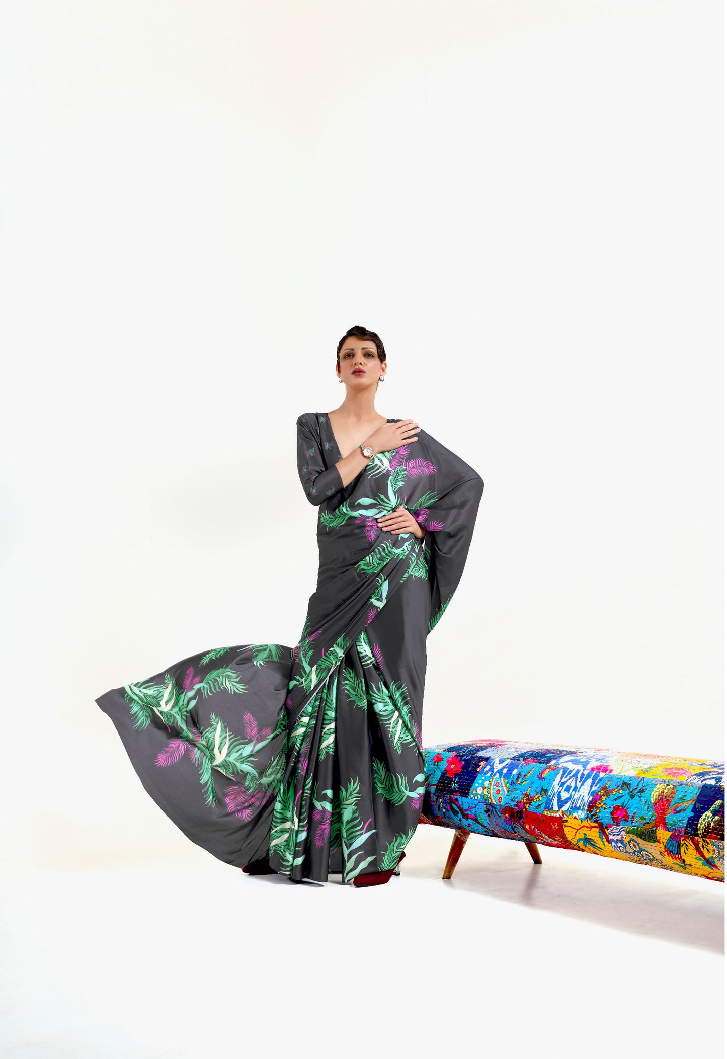 Black and Green Kazo Digital Soft Crepe Printed Saree