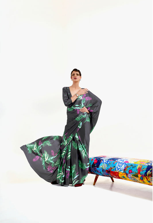 Black and Green Kazo Digital Soft Crepe Printed Saree