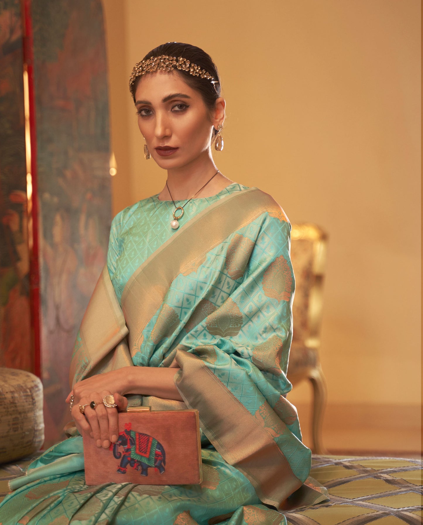 Turquoise Kshwetambari Copper Zari Handloom Saree