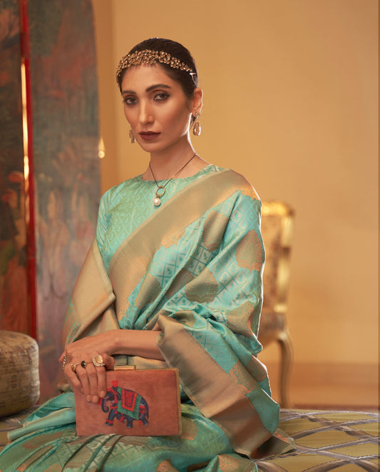 Turquoise Kshwetambari Copper Zari Handloom Saree