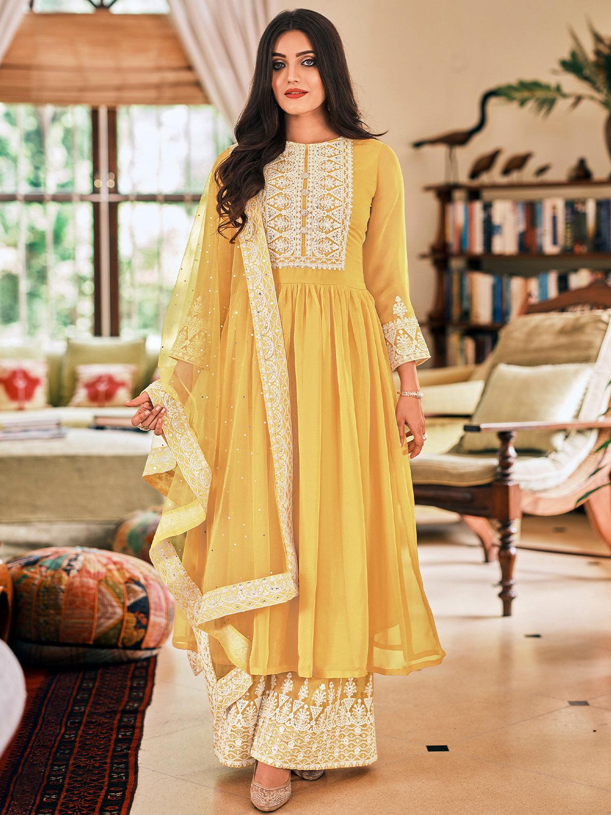Yellow Resham Embroidered Georgette Dress-9001A – Mohi fashion
