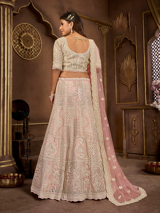 Peach Heavy Zarkan Embroidery Net Bridesmaid Lehenga
