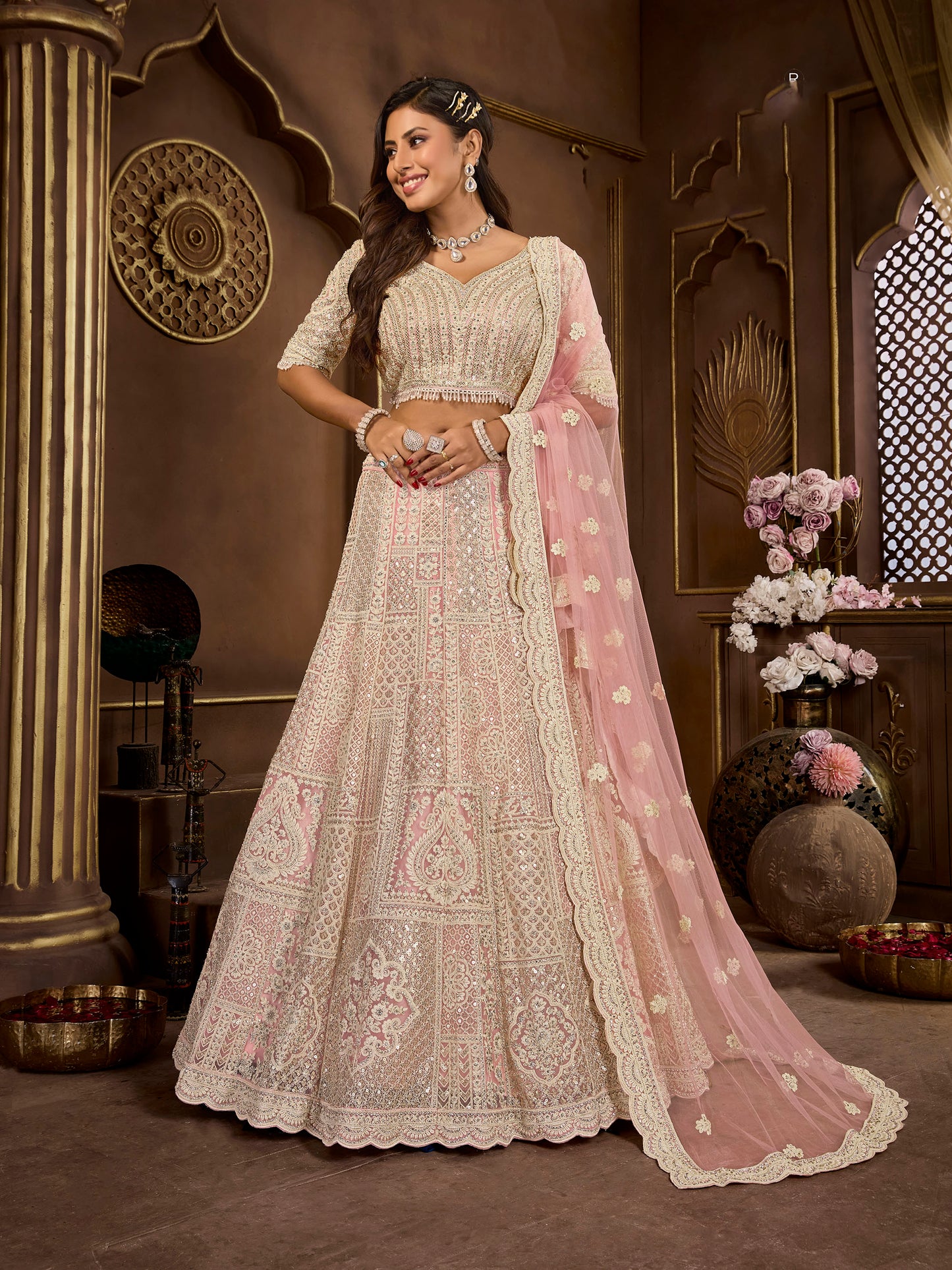 Peach Heavy Zarkan Embroidery Net Bridesmaid Lehenga