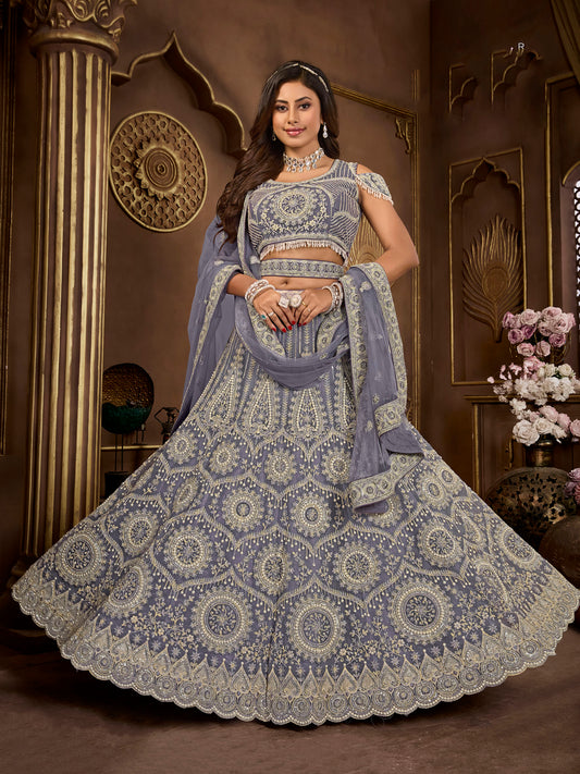 Dark Grey Heavy Zarkan Embroidery Net Wedding Guest Lehenga