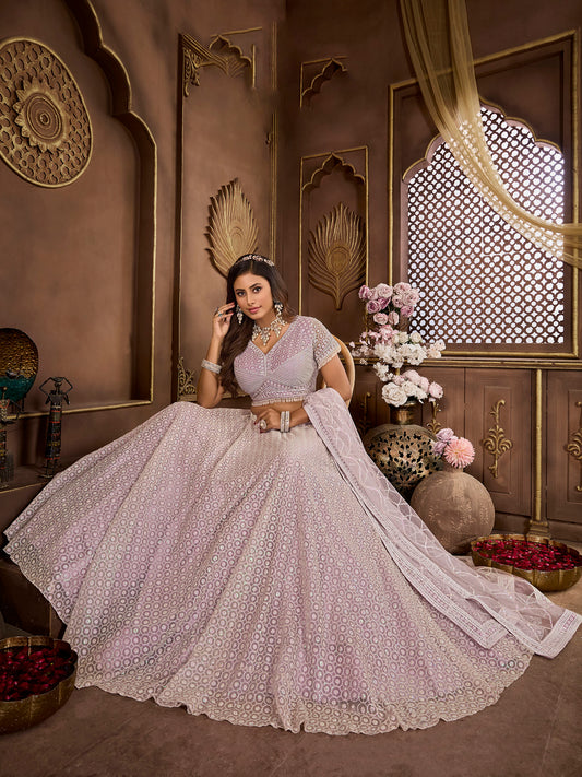 Lavender Net Zarkan Embroidery Sangeet Lehenga