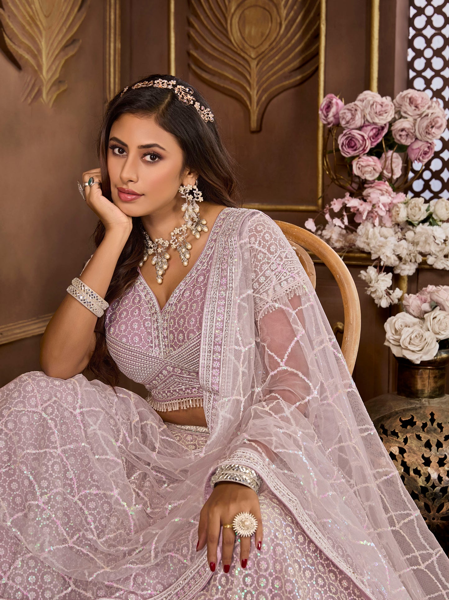 Lavender Net Zarkan Embroidery Sangeet Lehenga