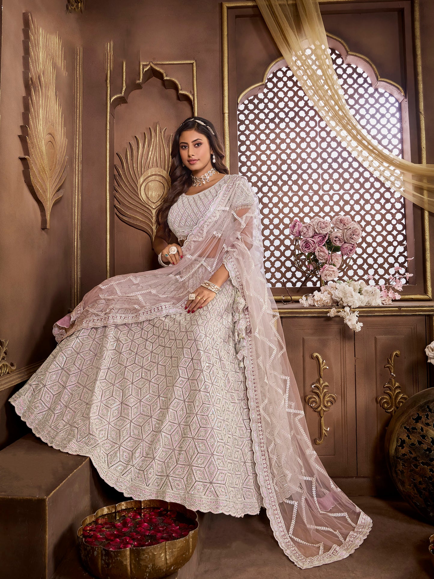 Purple Heavy Zarkan Embroidery Net Reception Lehenga