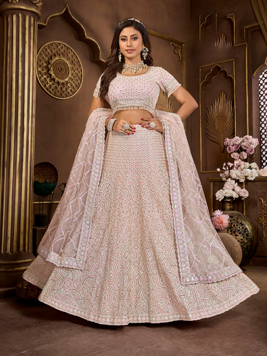 Baby Pink Heavy Zarkan Embroidery Net Wedding Guest Lehenga