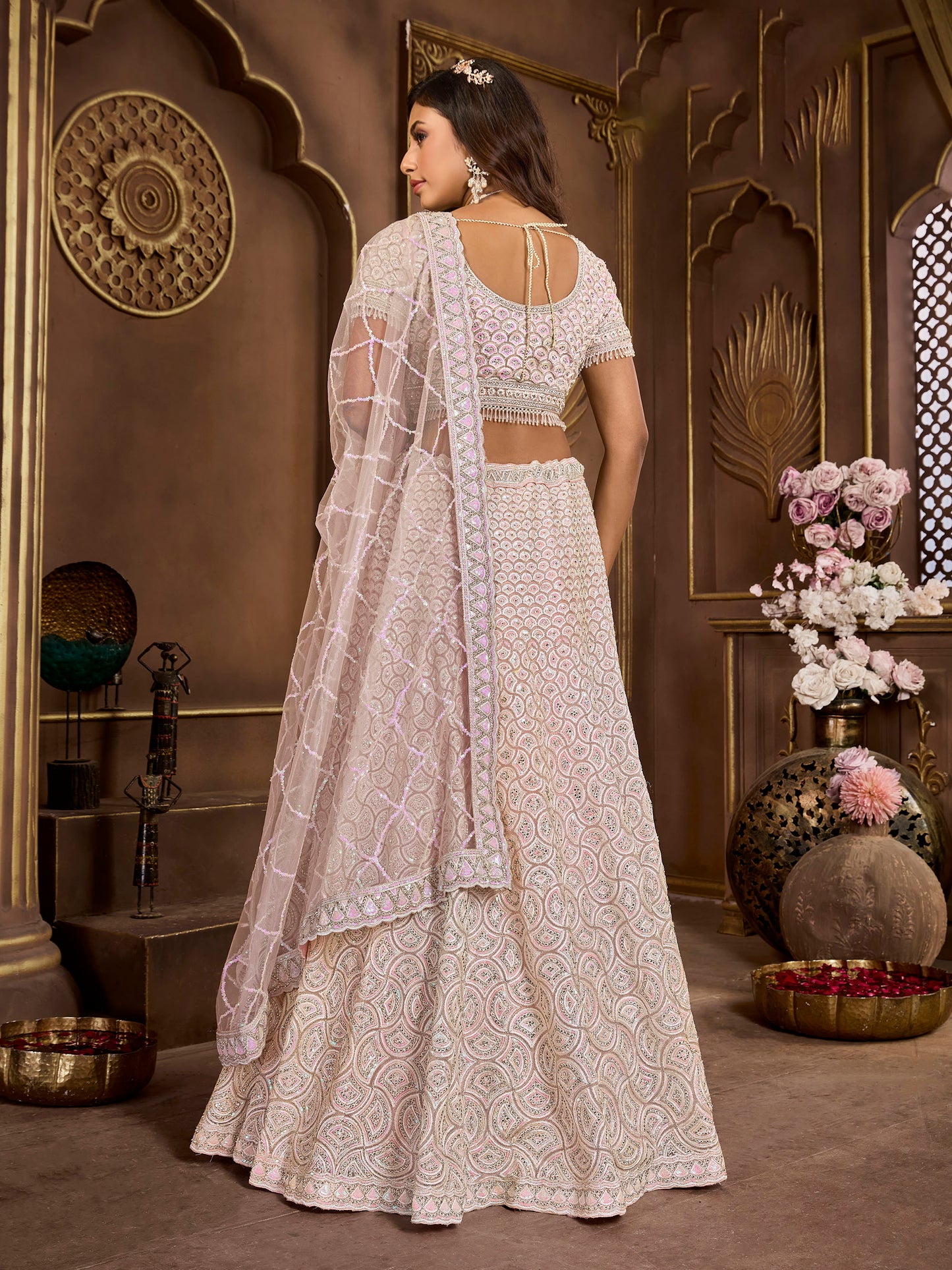 Baby Pink Heavy Zarkan Embroidery Net Wedding Guest Lehenga