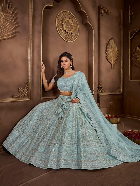 Sky Blue Net Zarkan Embroidery Bridesmaid Lehenga