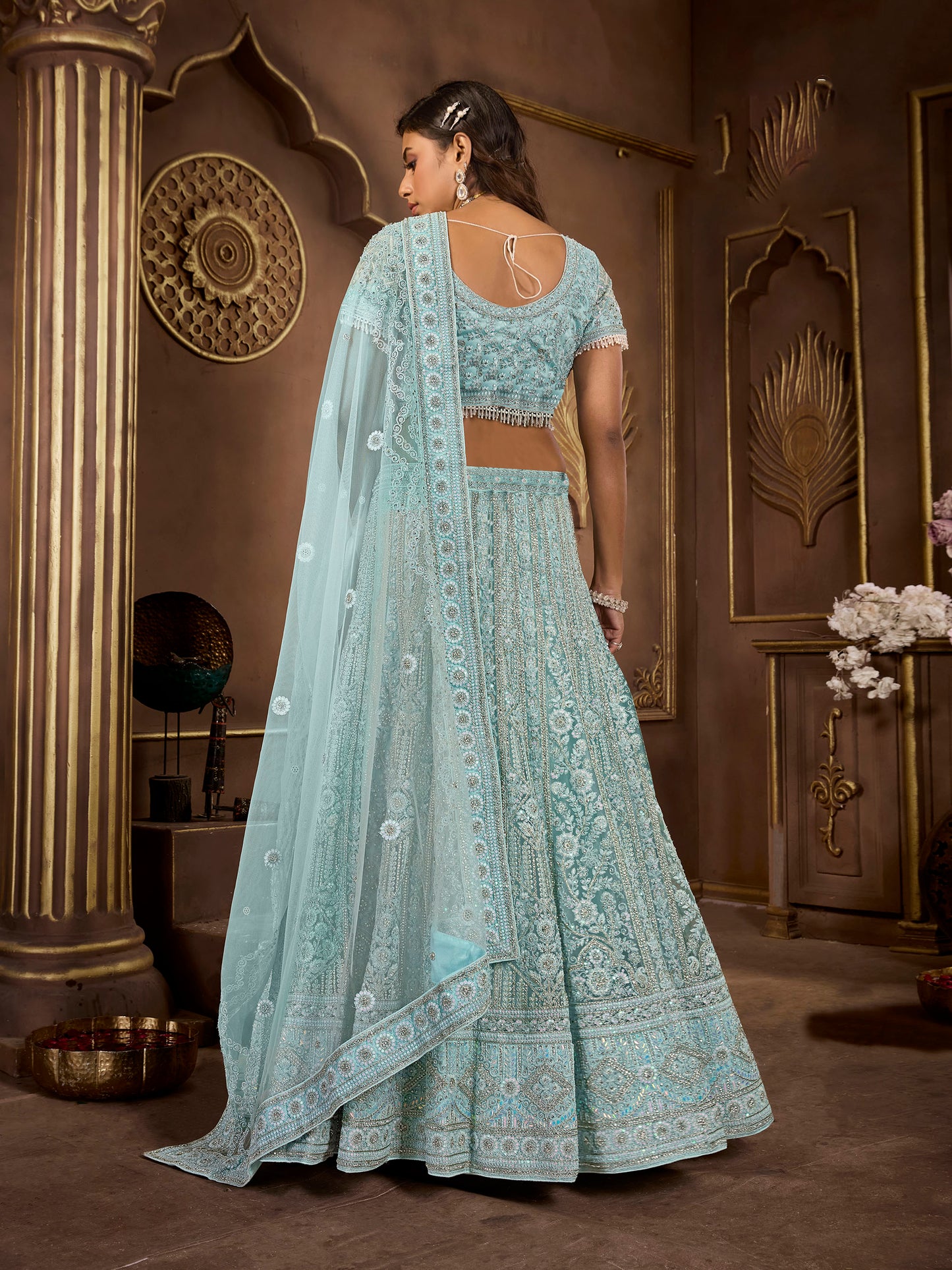 Sky Blue Net Zarkan Embroidery Bridesmaid Lehenga