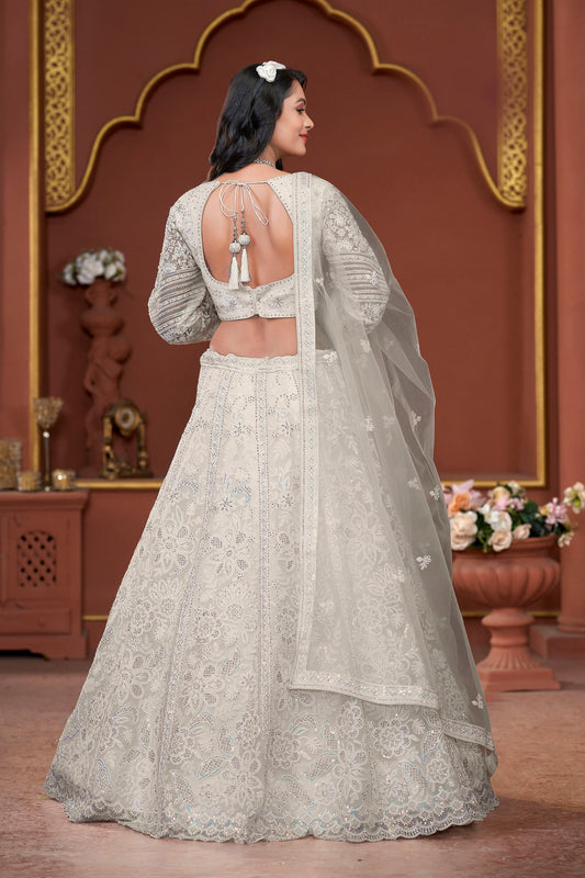 Off White Heavy Zarkan Embroidery Net Wedding Lehenga