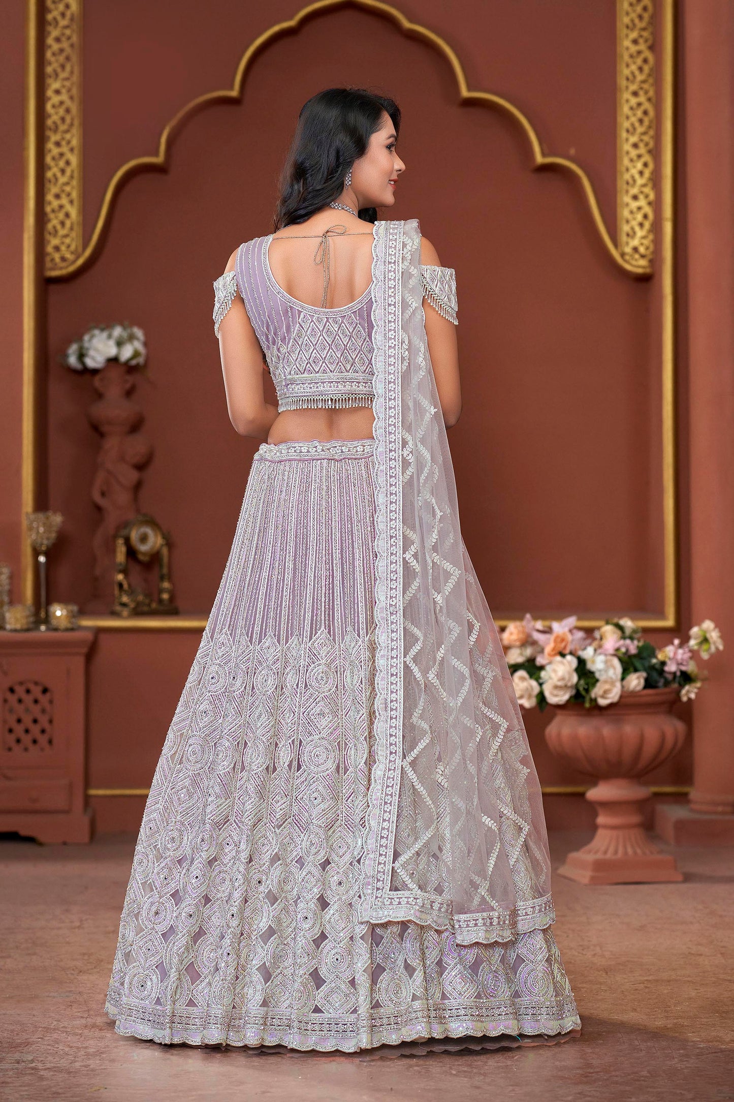 Lavender Mirror & Zarkan Embroidery Net Bridesmaid Lehenga