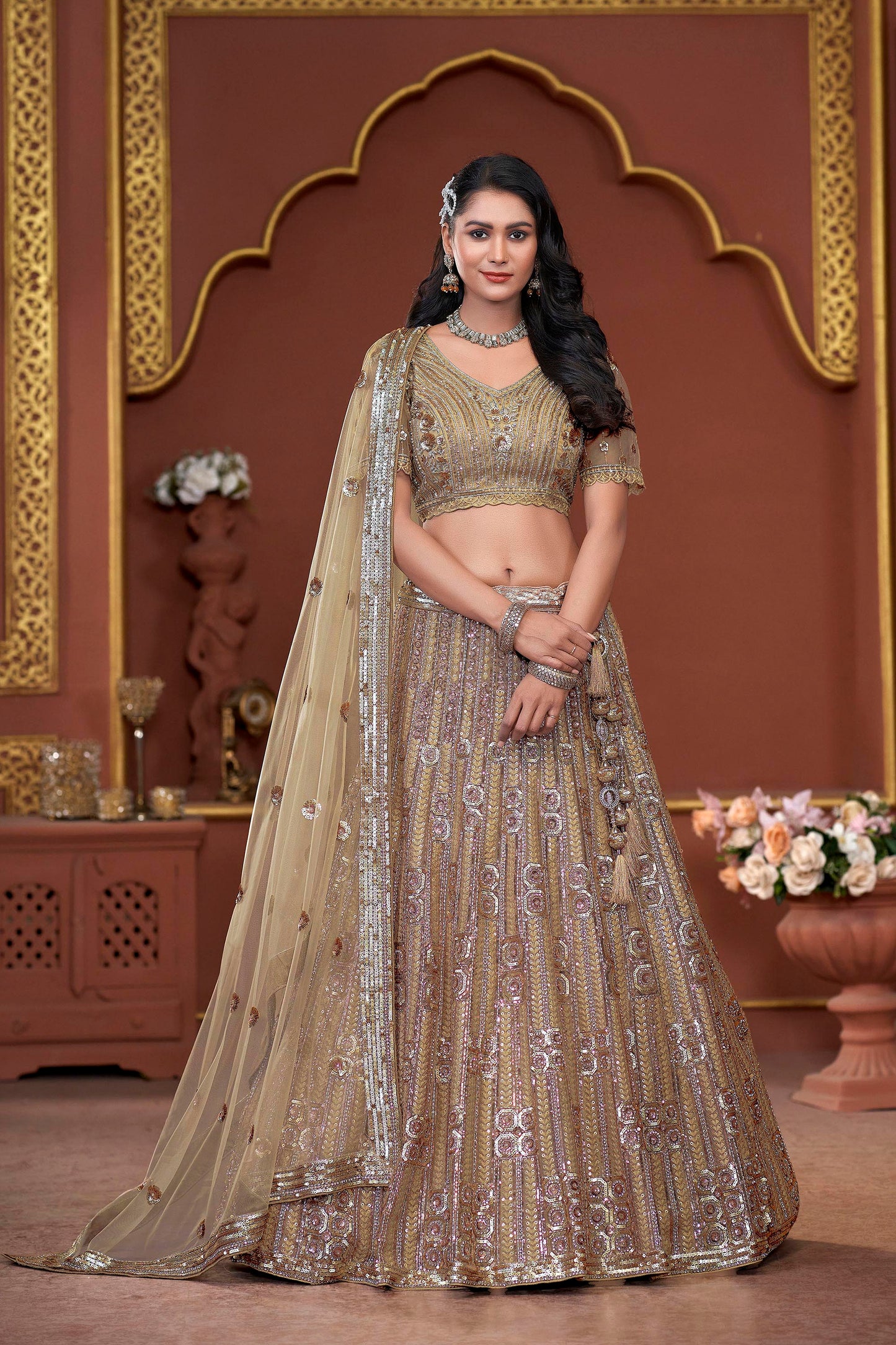 Gold Color Zarkan Embroidery Net Sangeet Lehenga