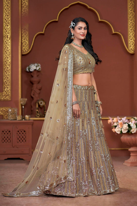 Gold Color Zarkan Embroidery Net Sangeet Lehenga