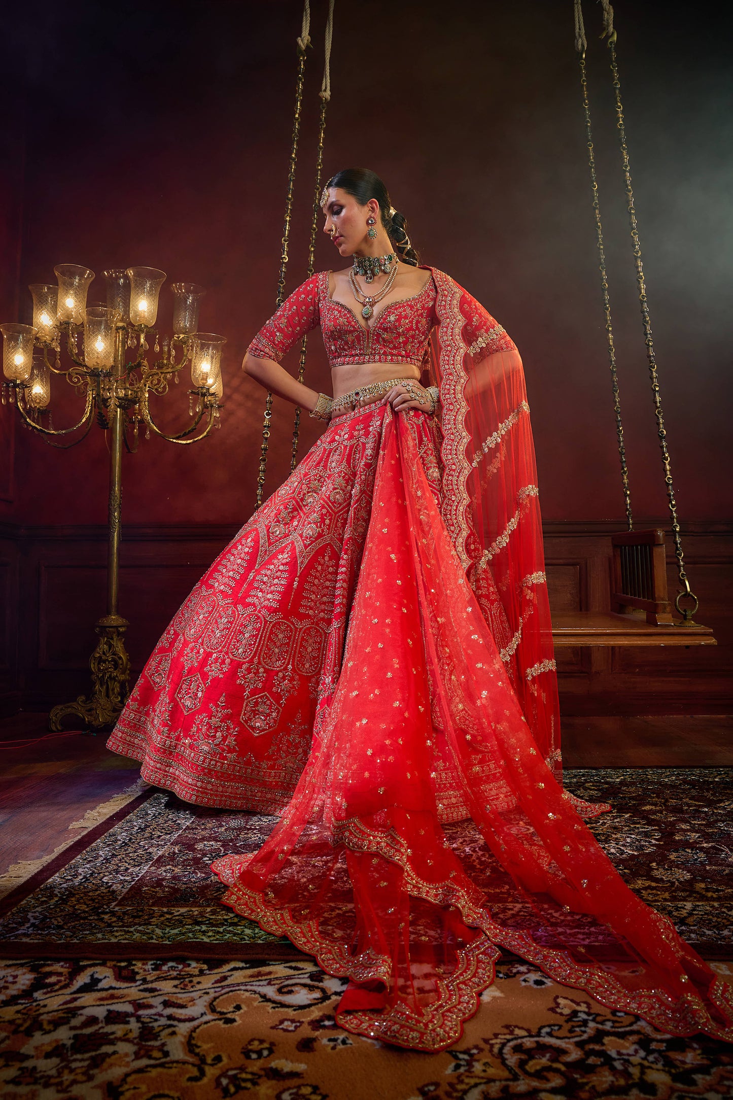 Red Raw Silk Hand & Machine Embroidered Lehenga Set