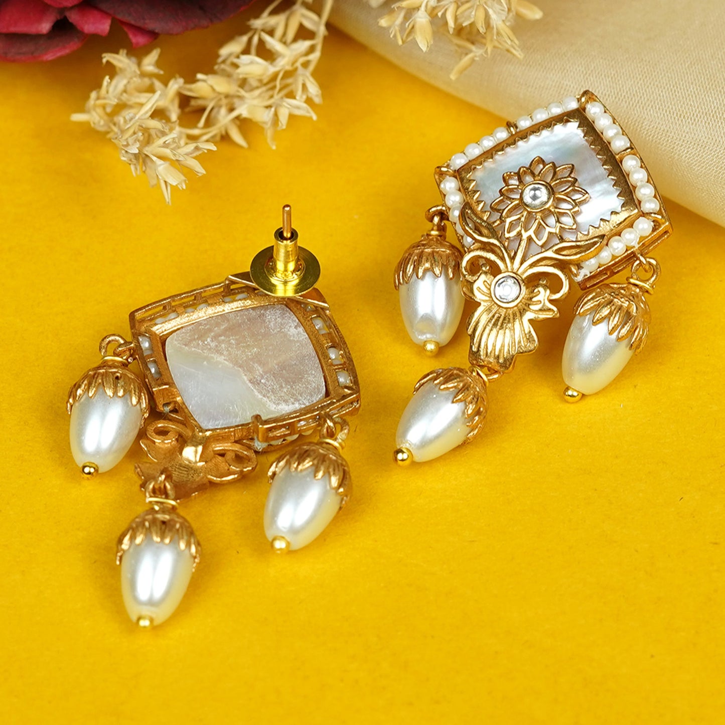 Zevar Club Handcrafted White Stone & Pearl Beaded Floral Engraved Square Pendant Necklace Set with Drop Earrings