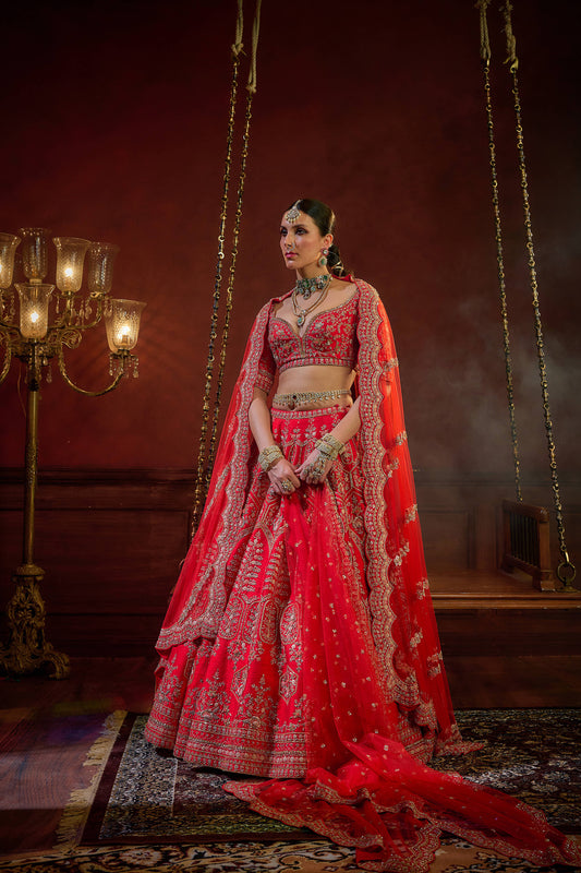 Red Raw Silk Hand & Machine Embroidered Lehenga Set