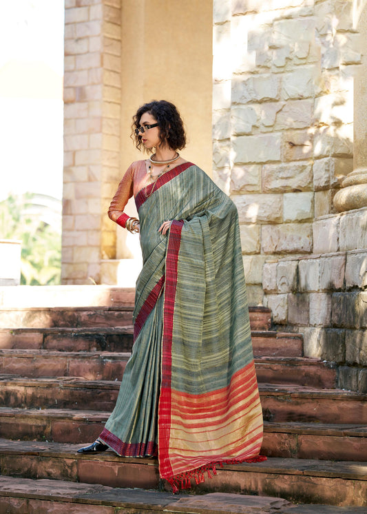 Greyish Redbull Pure Handloom Katan Saree