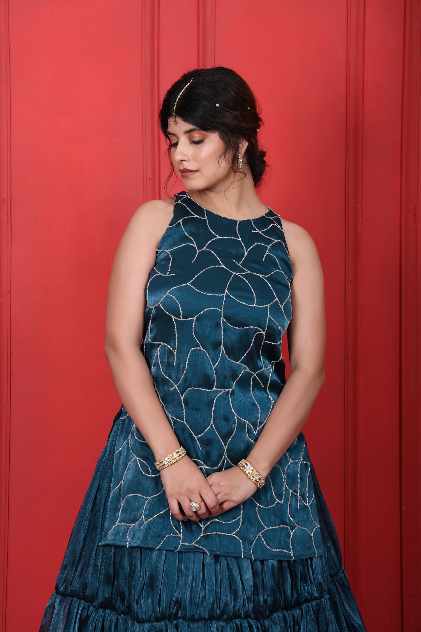 Halter Neck Hand Embroidered Blue Dianne Kurta With Layered Skirt