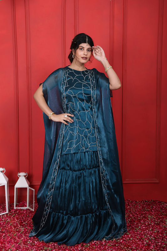 Blue Dianne Hand Embroidered Halter Neck Kurta With Layered Skirt Jacket