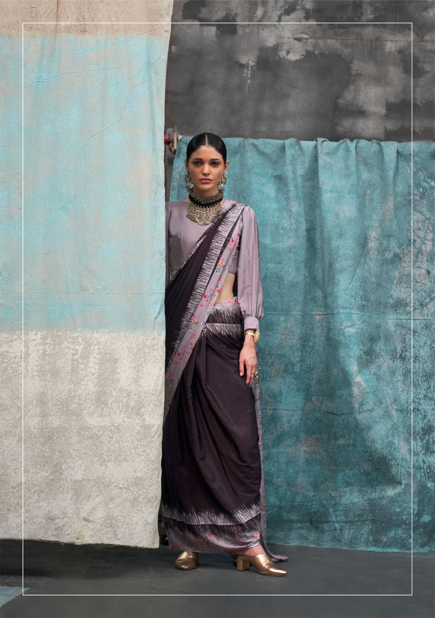 Charcoal Black Kernia's Printed Pure Silk Crepe Saree