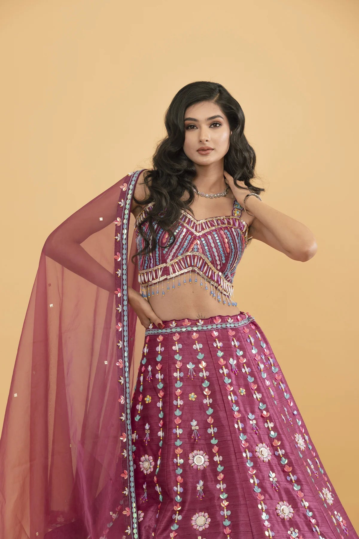 Pink Silk lehenga with multicoloured sequins
