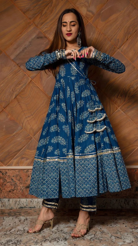 Ganguar Aadvika Blue Hand Block Cotton Anarkali Set