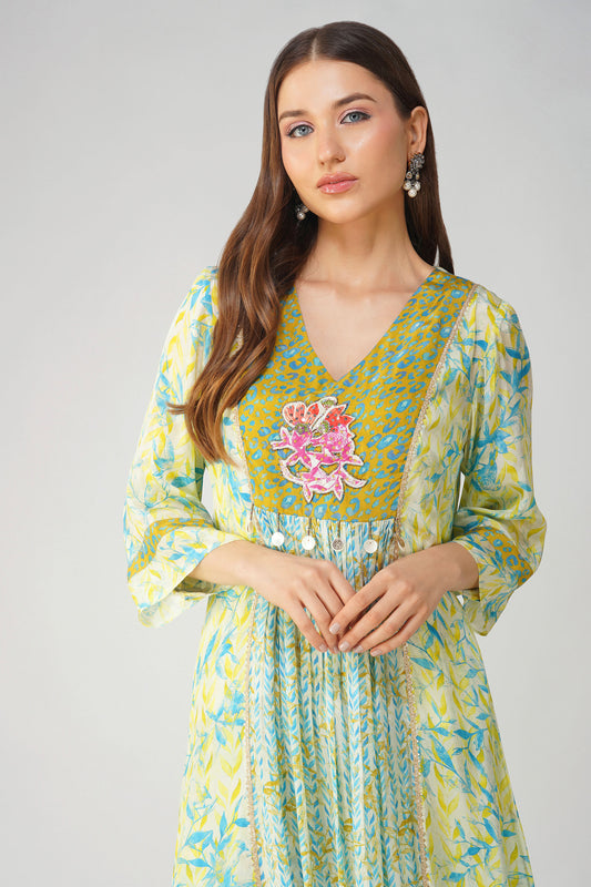 Leaf Print Panelled Yellow Tunic Set