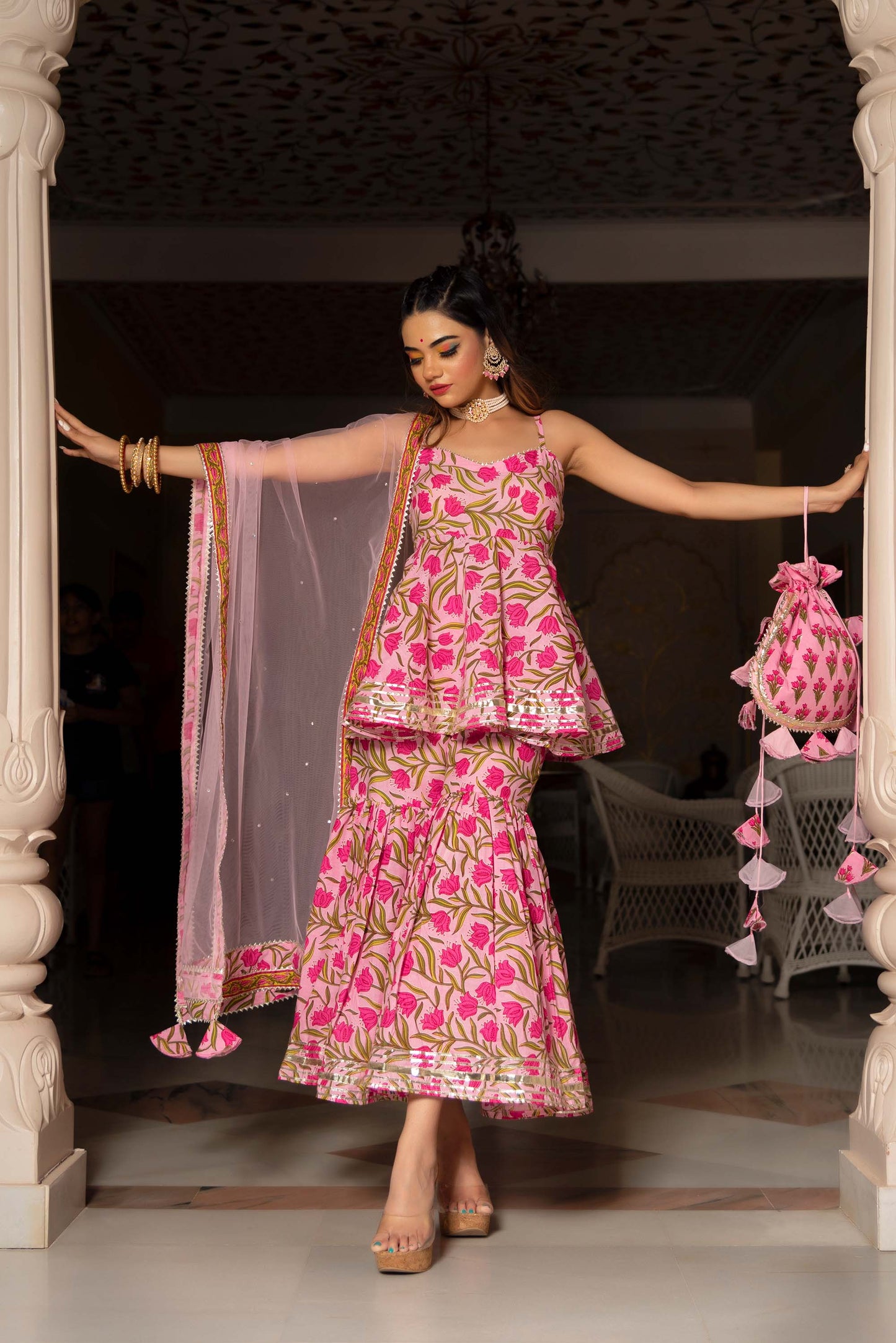 Jarokha Nazakat Pink Cotton Hand Block Sharara Set