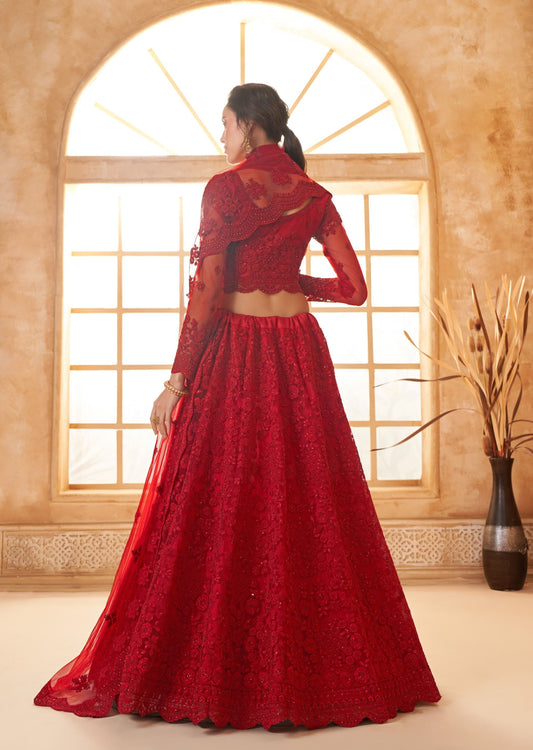 Red Heavy Cording Embroidered Net Bridal Lehenga Choli