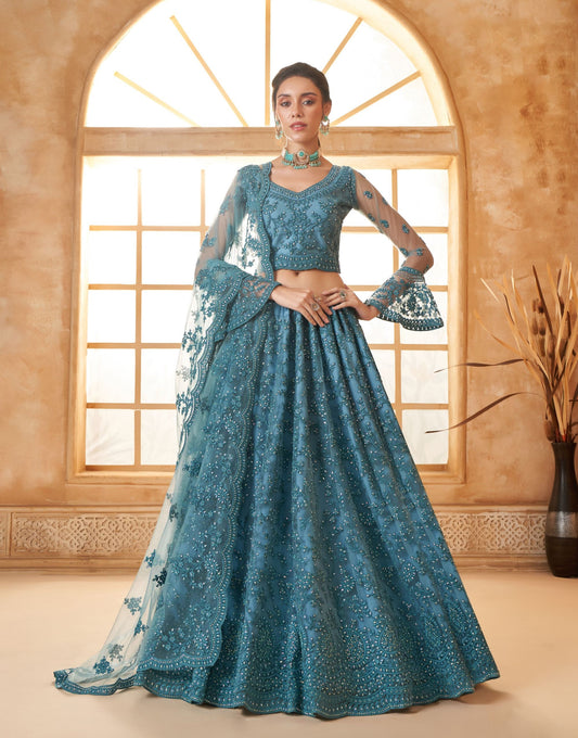Blue Heavy Codding Embroidered Net Reception Lehenga Choli