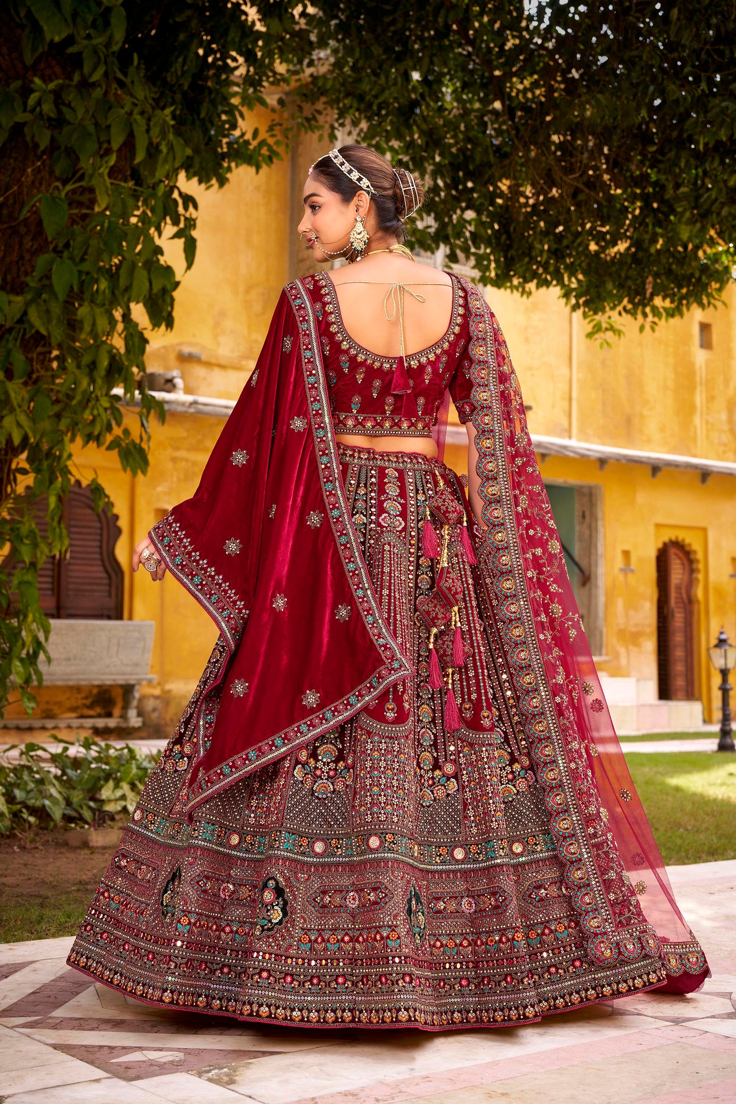 Maroon Heavy Zarkan Diamond & Mirror Hand Embroidery Velvet Bridal Lehenga