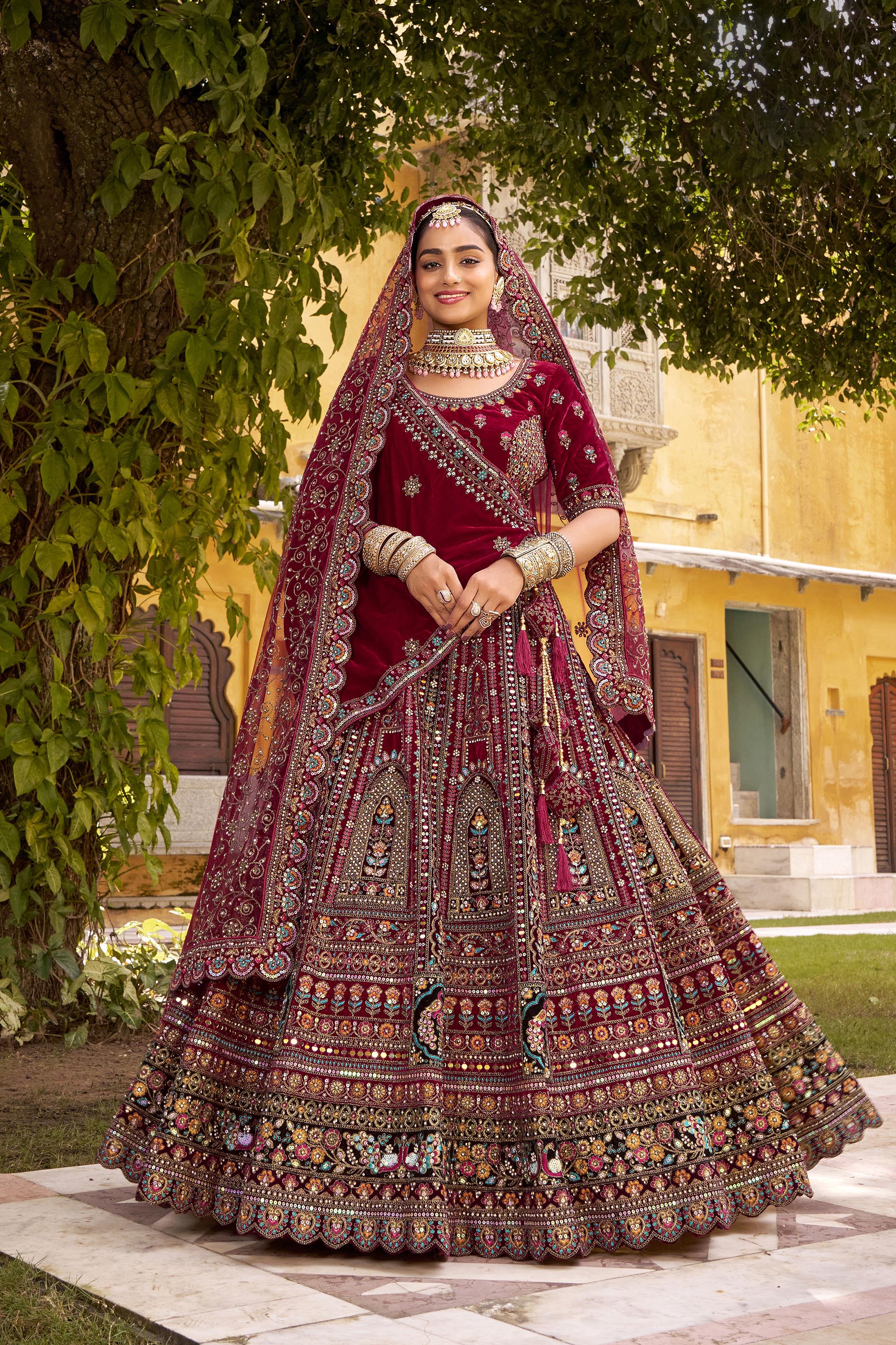 Maroon Velvet Heavy Zarkan Diamond & Mirror Hand Embroidery Bridal Lehenga-ANANTE 13009 S
