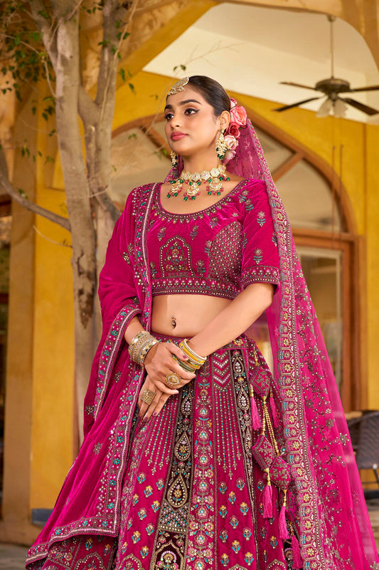 Rani Pink Heavy Zarkan Diamond & Mirror Hand Embroidery Velvet Bridal Lehenga